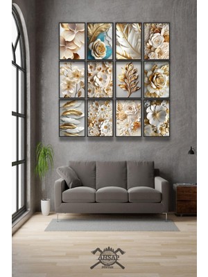 Pi Dekorasyon 12 Parça Altın Çiçekler Çerçeve Görünümlü Mdf Tablo Duvar Süsü Hediyelik Eşya Yeni