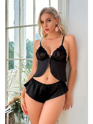 İlkyaz Fashion Ieg™ Kadın Siyah Önü Klips, Göğsü Dantel Detaylı Mini Şortlu Takım
