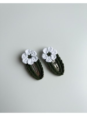 Winy Concept El Örgüsü Papatya Figürlü Yeşil Çıt Çıt Toka Seti - 2 Adet Tasarım Saç Aksesuarı