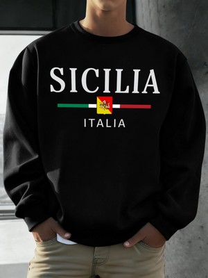 Sicilia Italya Bayrağı Baskılı Kazak Adam O-Boyun Yumuşak Gevşek Sokak Şıklığı Rahat Polar Ho