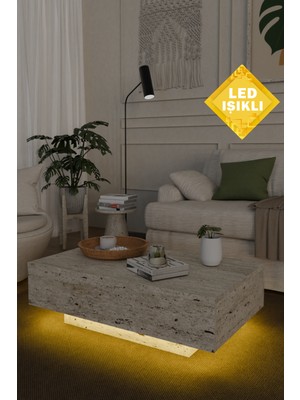 Estoria Home Terra LED Işıklı Traverten Desen Dikdörtgen Orta Sehpa Uçan Yeni Nesil Modern Küp Sehpa 90X60