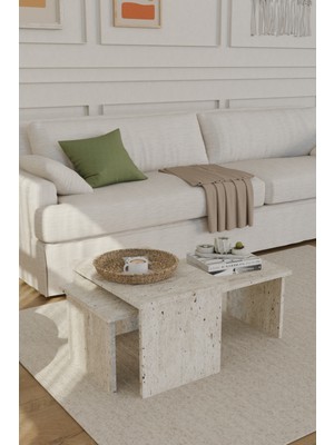 Estoria Home Terra Traverten Mermer Desen 2'li Orta Sehpa Modern Yeni Nesil Kullanışlı Zigon Olabilen Orta Sehpa