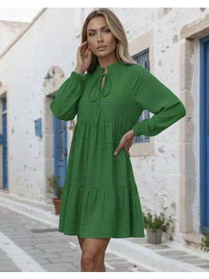 Kadın Uzun Kollu Yakadan Bağcıklı Fırfırlı Keten Mini Elbise
