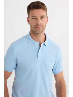 Tudors Erkek Slim Fit Dar Kesim Pamuklu Yumuşak Doku Nefes Alan Kumaş Kıvrılmaz Yaka Mavi Polo Yaka Tişört