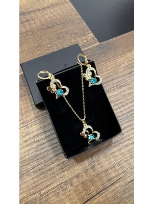 Ekonomik Sepeti Mavi Kalp Desenli Gold Renkli Zirkon Taşlı Kolye-Küpe Set