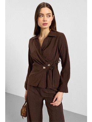 Olcay V Yaka Bağlamalı Modal Gömlek Kahve 9407