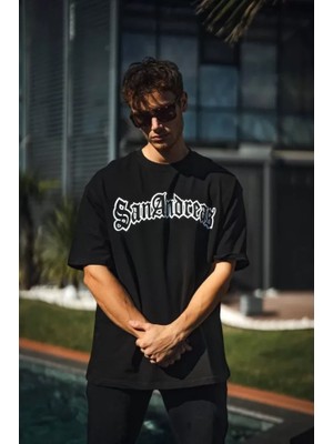 ModaSize Unisex Bisiklet Yaka Baskılı Oversize T-Shirt - Siyah