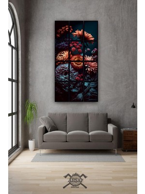 Pi Dekorasyon 12 Parça Güzel Siyah Çiçek Uyumu Çerçeve Görünümlü Mdf Tablo Duvar Süsü Hediyelik Eşya (45CM x 85CM)