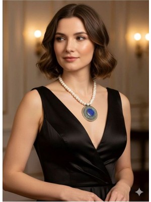 Eski Yeni Antik Gümüş Ayrıntılı Lapis Taşlı Inci Kolye