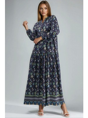 Hiccup Kadın Düğmeli Baskılı V Yaka Modest Elbise Siyah