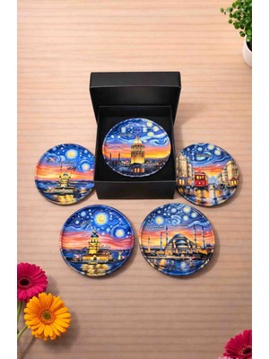 Upeka 5'li Istanbul Temalı Van Gogh Tarz Hediyelik Metal Tabak Magnet Set Kutulu 5cm