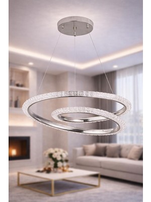 Ünal Aydınlatma Hella Krom Avize | 50 cm LED Kristal Detaylı Modern Halka Salon Avizesi