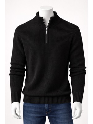 Lara Giyim Erkek Yarım Fermuar Siyah Kazak Triko Örme Rahat Tam Kalıp