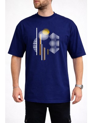 Caddekombin Erkek Geometrik Kavisli Çizgi Baskılı Bisiklet Yaka Lacivert T-Shirt