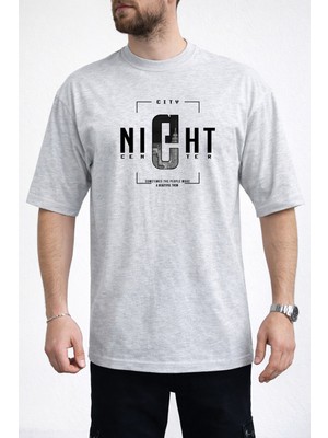Caddekombin Erkek Night Center Yazı Baskılı Bisiklet Yaka Gri T-Shirt