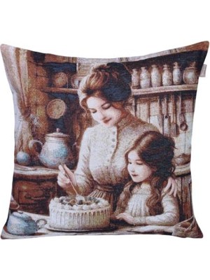 Believe Anne Kız Mutfak Keyfi Jakarlı Dokuma Goblen Dekoratif 45*45 Kırlent