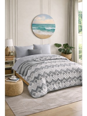 Lila Moon Gri Renkli Çift Kişilik Desenli Kapitone Pike Yatak Örtüsü Takımı (Pike+2 Yastık Kılıfı)