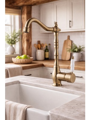 Rena Design Rustik Mat Gold Mutfak Evye Bataryası Otantik Osmanlı Prinç Gövde Vintage Tasarım Mat Altın
