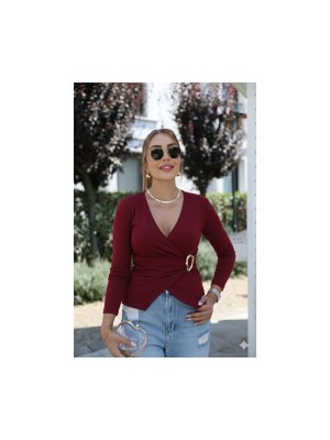 Kadın Uzun Kollu Kruvaze Yakalı Toka Detaylı Viskon Bluz