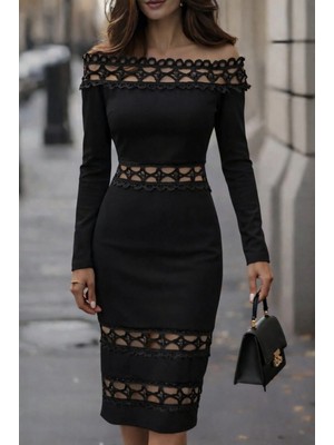 Kadın Uzun Kollu Madonna Dantel Yaka Yırtmaçlı Midi Dalgıç Elbise