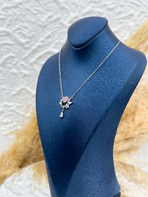 Livora Jewelry 925 Ayar Gümüş Kalp Kesim Pembe Kuvars Taşlı Damla Kadın Kolye – Zirkon Detaylı Özel Tasarım