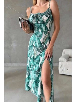 Askılı Yaprak Desenli Yırtmaçlı Dokuma Viskon Yazlık Elbise