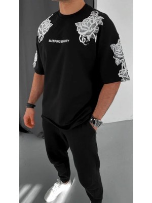 ModaSize Unisex Flok Kabartma Baskılı T-Shirt - Siyah