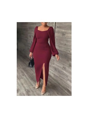 Kadın Uzun Kollu Geometrik Yakalı Yandan Yırtmaçlı Uzun Janjan Krep Elbise