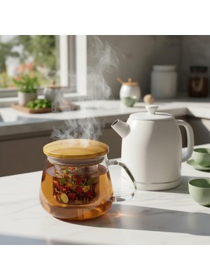 Hype Store Bambu Kapaklı Cam Süzgeçli Kupa 350 ml | Bitki Çayı, Demleme Çay ve Kahve Kupası | Borosilikat Isıya