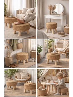 CNRWOOD 3'lü Doğal Hasır Puf – El Yapımı-Dekoratif Masif Ahşap Oturma Tabure – Salon & Balkon Uyumlu