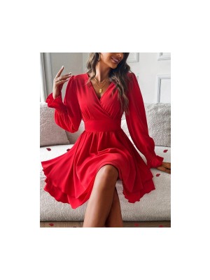 Kadın Uzun Kollu Kruvaze Yakalı Mini Sandy Elbise