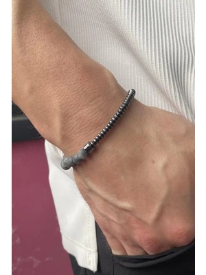 Stone Family Antrasit Doğal Taşlı ve Metalik Diskli Erkek Bileklik - Saat Yanı Kombin