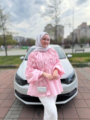 RFK Butik Kadın Balon Kol Çiçek Detaylı Tasarım Bluz Tunik - Pembe