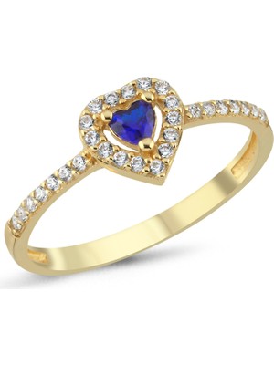 Zeya Kuyumculuk 14 Ayar Altın Mavi Taşlı Kalpli Yüzük