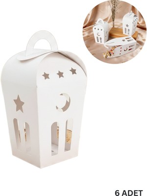 Roco Paper Co. Ramazan Temalı Dekoratif Fener Kutusu, Ay Yıldız Kesim Hediyelik Kutu Seti, Beyaz, 6x9 cm - 6 Adet