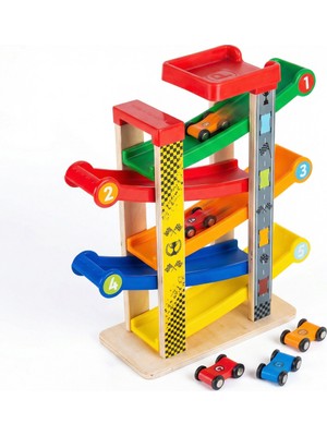 Mofy Baby 3 Arabalı 5 Katlı Montessori Eğitici Oyuncak Katlı Otopark Oyuncağı 3 Arabalı Otopark Seti