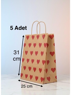 e ERTA Kırmızı Kalp Desenli Kraft Çanta 25X31 cm 5 Adet Hediye Poşeti, Hediye Paketi Kraft Kağıt Çanta