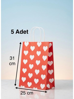 e ERTA Beyaz Kalp Desenli Kırmızı Kraft Çanta 25X31CM 5 Adet Hediye Poşeti,hediye Paketi Kraft Kağıt Çanta