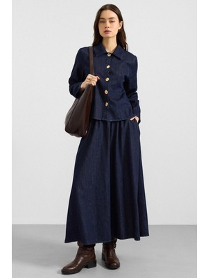 Olcay Metal Düğmeli Etek Ceket Denim Ikili Takım Lacivert 9400-TK