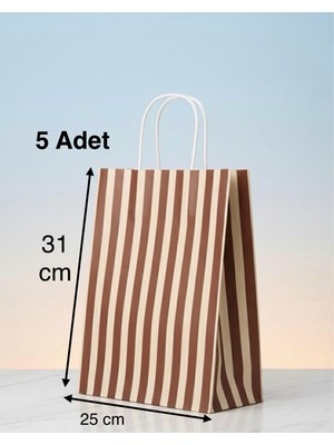 e ERTA Kahverengi ve Krem Çizgili Kraft Çanta 25X31CM 5 Adet Hediye Poşeti,hediye Paketi Kraft Kağıt Çanta