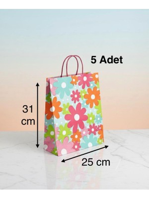 e ERTA Çiçek Desenli Kraft Çanta 25X31 cm -5 Adet- Hediye Poşeti , Hediye Paketi Kraft Kağıt Çanta