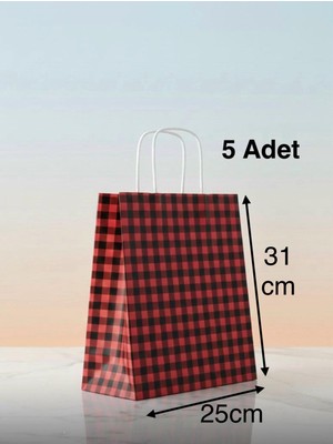 e ERTA Kırmızı/siyah Ekose Kraft Çanta 25X31 cm -5 Adet- Hediye Poşeti , Hediye Paketi Kraft Kağıt Çanta