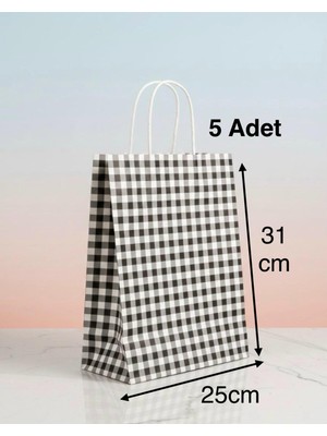 e ERTA Siyah/beyaz Ekose Kraft Çanta 25X31 cm -5 Adet- Hediye Poşeti , Hediye Paketi, Kraft Kağıt Çanta