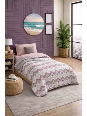 Lila Moon Pudra Renkli Tek Kişilik Desenli Kapitone Pike Yatak Örtüsü Takımı (Pike+Yastık Kılıfı)