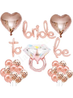 Braventa Collection Patladı Gitti Bride To Be El Yazısı, Tek Taş Yüzük ve Kalp Folyo Balonlu Rose Gold Set