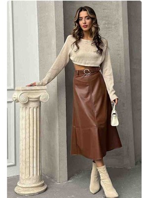 Topshow Deri A Kesim Midi Kemerli Etek