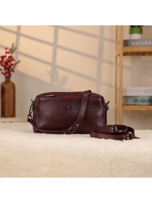 Bordo Renk Deri Çanta 3 Bölmeli - 40125 , Hakiki Deri , Omuz Askılı , Düz Bordo