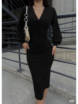 Kadın Uzun Kollu Kruvaze Yaka Büzgü ve Balon Kol Detay Krep Kumaş Maxi Boy Simli Elbise