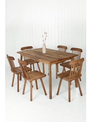 Unboxdeco Alaçatı Masif Ceviz Ahşap Masa Takımı, 6 Adet Grill Sandalye Ile, 130X80CM