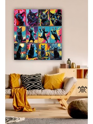 Pi Dekorasyon 12 Parça Renkli Kedi Resimleri Çerçeve Görünümlü Mdf Tablo Duvar Süsü Hediyelik Eşya Kedi